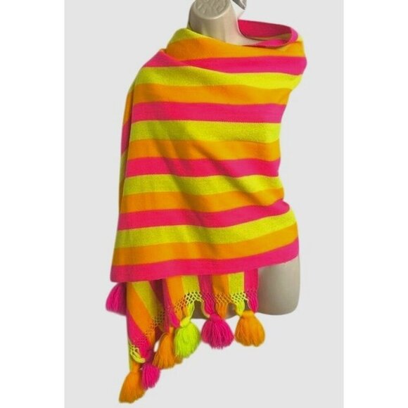 Fluorescent Rare Y2K Cotton Blend Long Scarf Shawl Wrap Knitted w/Fringe, Balls - Picture 2 of 7
